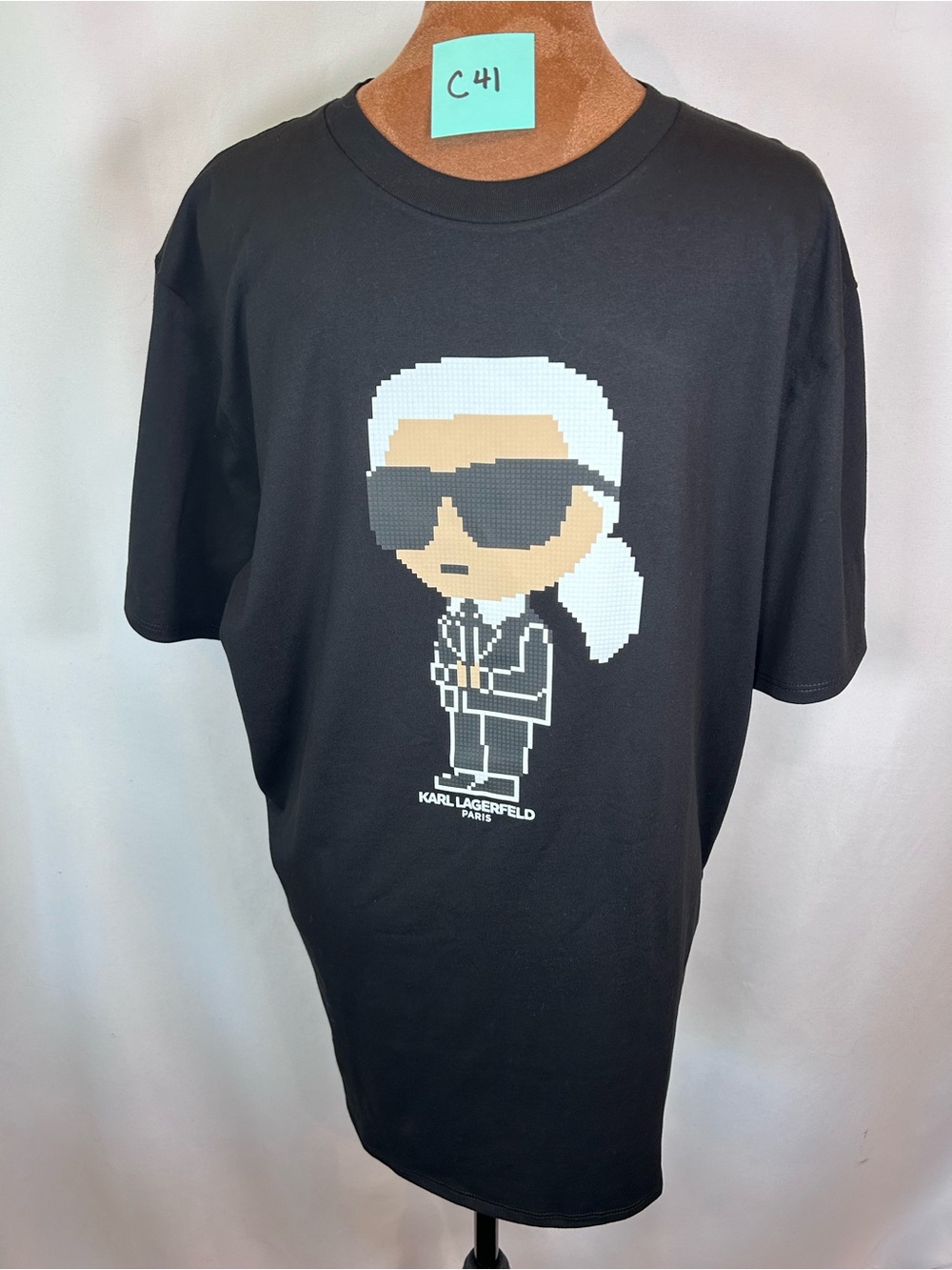 Karl Lagerfeld Black Tee with White and Tan Pixel Portrait